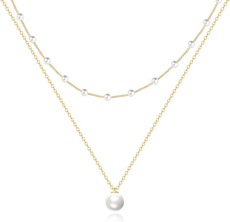 Zeffy Gold Pearl Necklace for Women, Dainty 14K Gold/Silve Plated Layered Pearl Choker Pearl Earrings Pearl Bracelets Wedding Trendy Gold Jewelry Set for Women Gifts - Image 1
